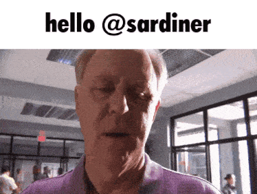 a man in a purple shirt with the words hello @ sardiner below him