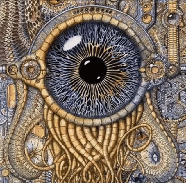 a close up of a painting of a blue eye with a black center