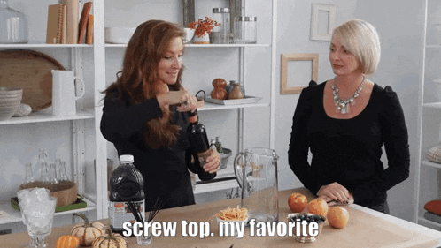 a woman pouring a bottle of wine with the words screw top my favorite on the bottom