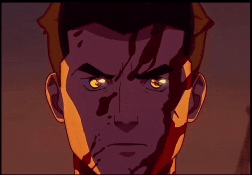a close up of a cartoon character with blood on his face