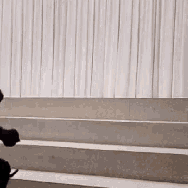 a person is standing on a set of stairs with a white curtain in the background .
