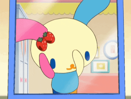 a cartoon character with a strawberry on its head looks at itself in a mirror