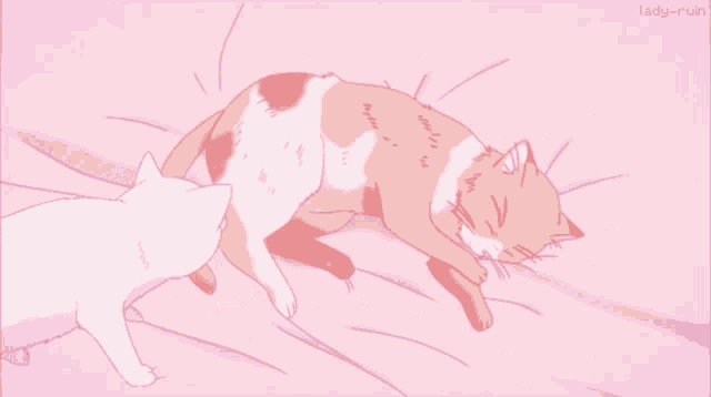 a drawing of two cats on a bed with lady-ruiin written on the bottom right
