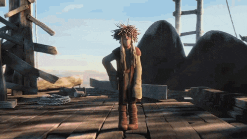 a cartoon character is standing on a wooden platform