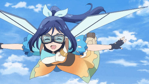 a girl with wings is wearing goggles and gloves