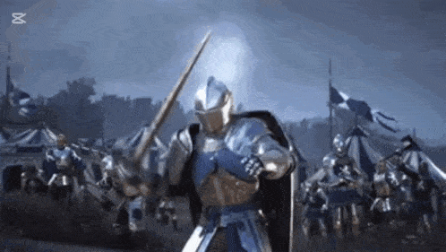 a knight in armor is holding a sword and shield in front of a group of knights