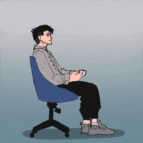 a drawing of a man sitting in an office chair holding a controller
