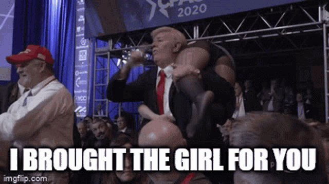 a man is carrying a woman on his shoulders and the caption says i brought the girl for you