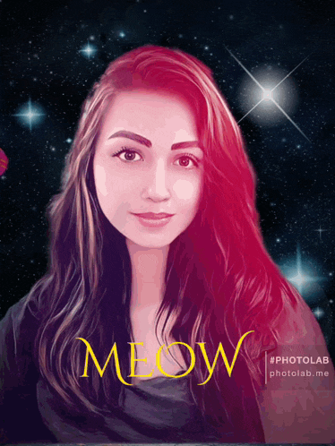 a picture of a woman with the word meow written on it