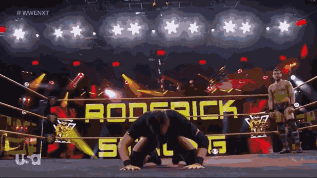 a wrestler kneeling down in front of a sign that says rod rick