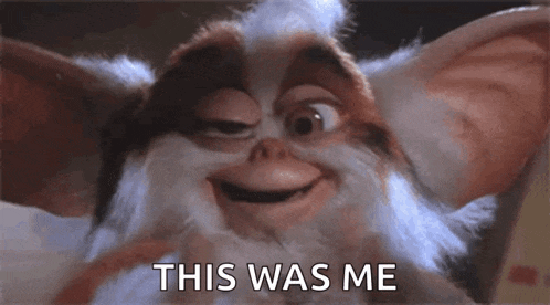 a close up of a gremlins character smiling with the words `` this was me '' written below it .