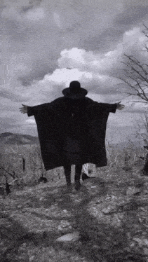a black and white photo of a person with their arms outstretched in a field