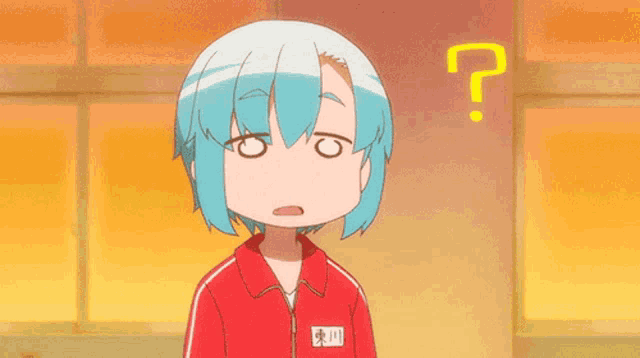 a girl with blue hair and a red jacket has a question mark on her head