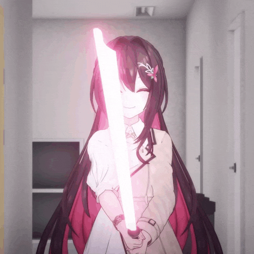 a girl with long hair is holding a pink light saber