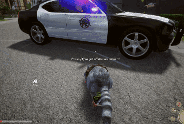 a raccoon walking in front of a police car that says press a to get off the skate board