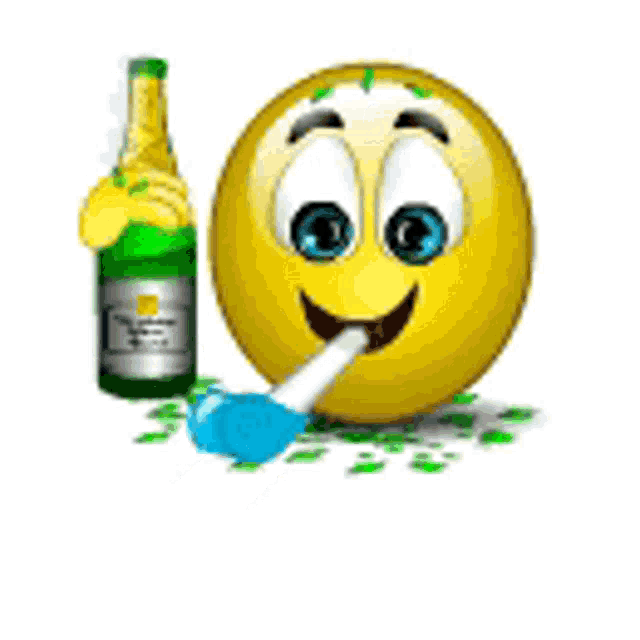 a smiley face is blowing a party horn while holding a bottle of champagne .