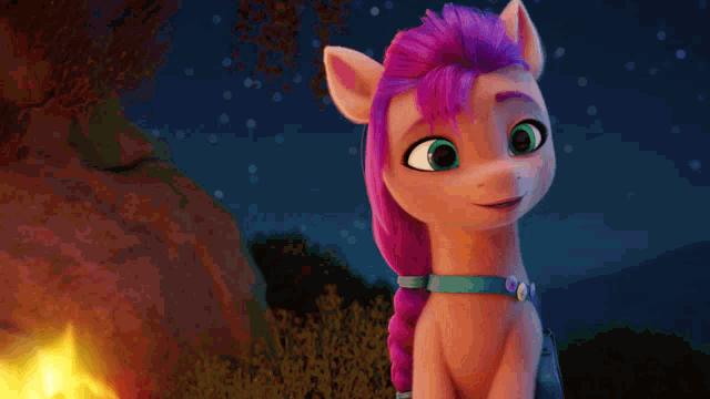 a cartoon pony with purple hair is standing in front of a fire