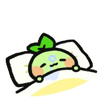 a cartoon character is sleeping on a pillow with a green leaf on its head .