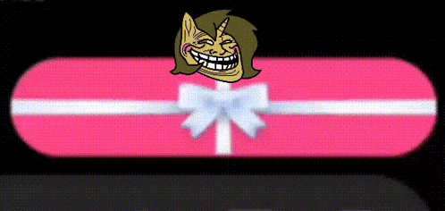 a pink box with a white bow and a troll face on top