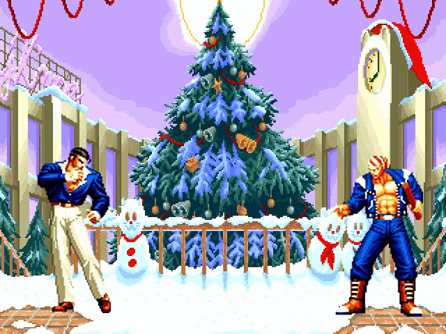 a pixel art of two men in front of a christmas tree and a clock