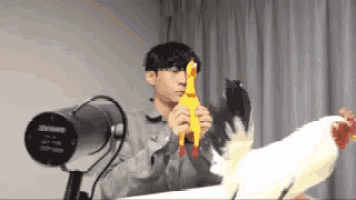 a man is holding a rubber chicken in front of a microphone .