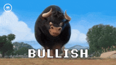 a bull is standing in a field with the word bullish written on the bottom