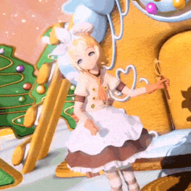 a girl in a maid dress is standing in front of a gingerbread house