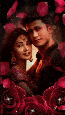 a man and a woman are standing next to each other with red roses in the background