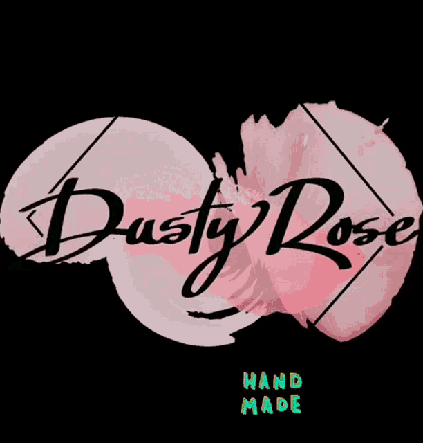 a logo for dusty rose hand made with pink and white circles on a black background