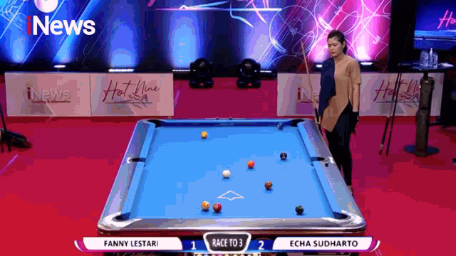 fanny lestari is playing pool against echa sudharto in a race to 3