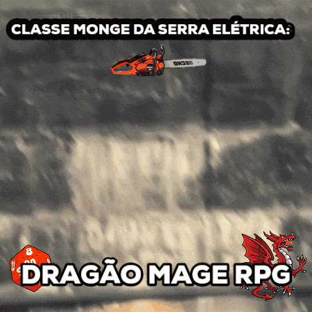 an advertisement for dragao mage rpg shows a chainsaw and a dice