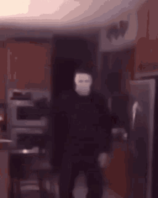 a man in a mask is standing in a kitchen .