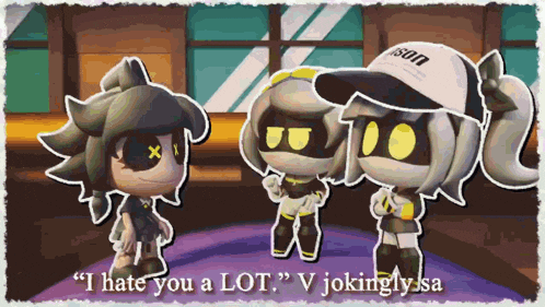 a cartoon character says " i hate you a lot " in front of two other characters