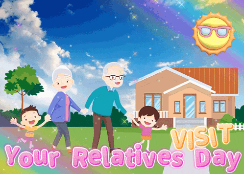 a cartoon of a family standing in front of a house with the words " your relatives day " on the bottom