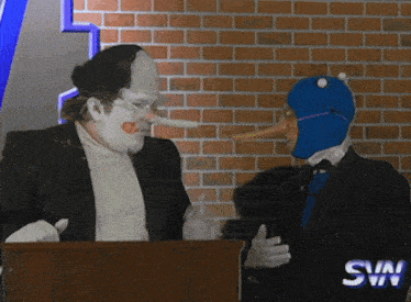 a man with a long nose is talking to another man behind a podium that says sin