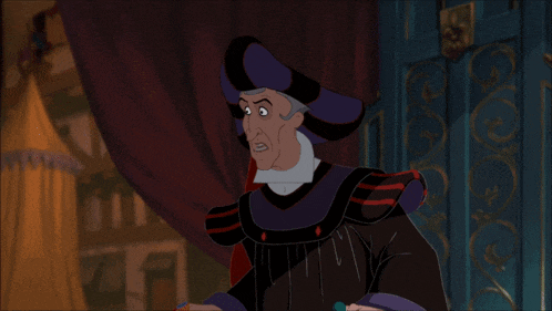 a cartoon character with a purple hat and a black robe