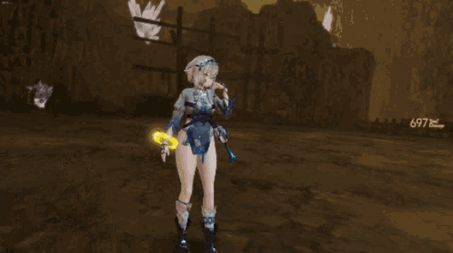 a screenshot of a video game shows a girl in a blue dress with a yellow ring in her hand