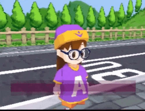 a cartoon character wearing a purple shirt with the letter a on the front