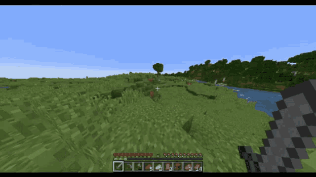 a screenshot of a minecraft game shows a field with trees and a river