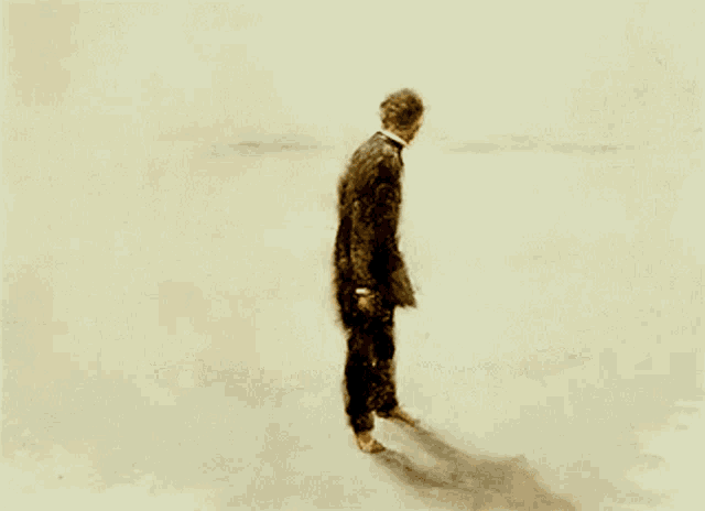 a painting of a man standing in the snow looking at a bird