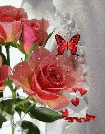 a bouquet of pink roses with a butterfly and hearts