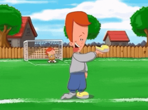 a cartoon of a boy holding a yellow ball on a soccer field