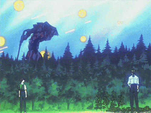 a man and a robot are standing in a field