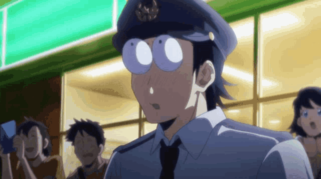 a man wearing glasses and a police hat is standing in front of a store