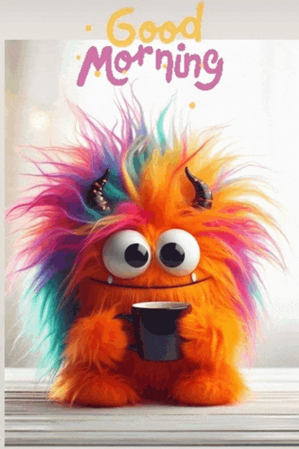 a colorful stuffed animal with horns is holding a cup of coffee with the words good morning written above it