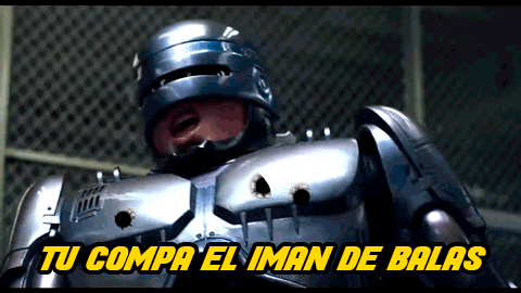 a robot with bullet holes in his chest and the words tu compa el iman de balas