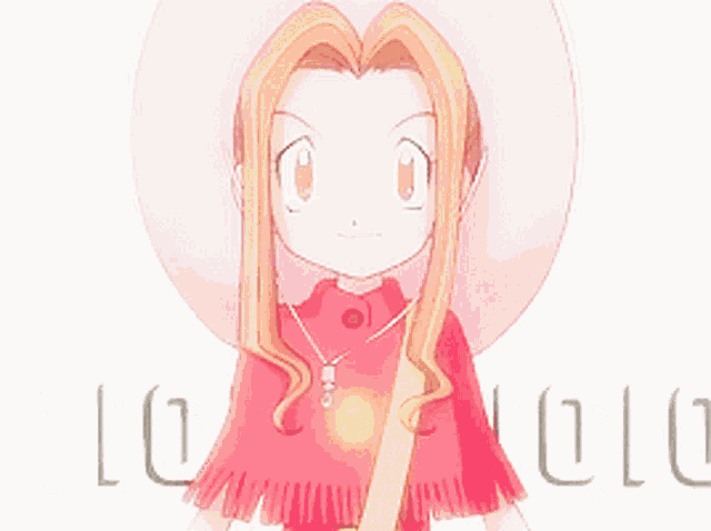 a cartoon girl with long blonde hair is wearing a pink hat