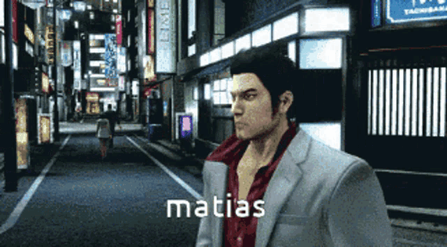 a man in a suit is walking down a street with the word matias written on the bottom