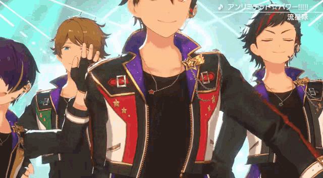 a group of anime characters are standing next to each other and one of them is wearing a black shirt with the letter e on it