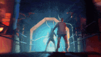 a pixelated image of a man and woman standing in a tunnel